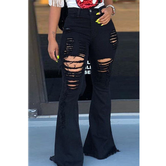 Black High Waist Distressed Flare Jeans